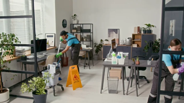 Cleaners in workwear cleaning an office
