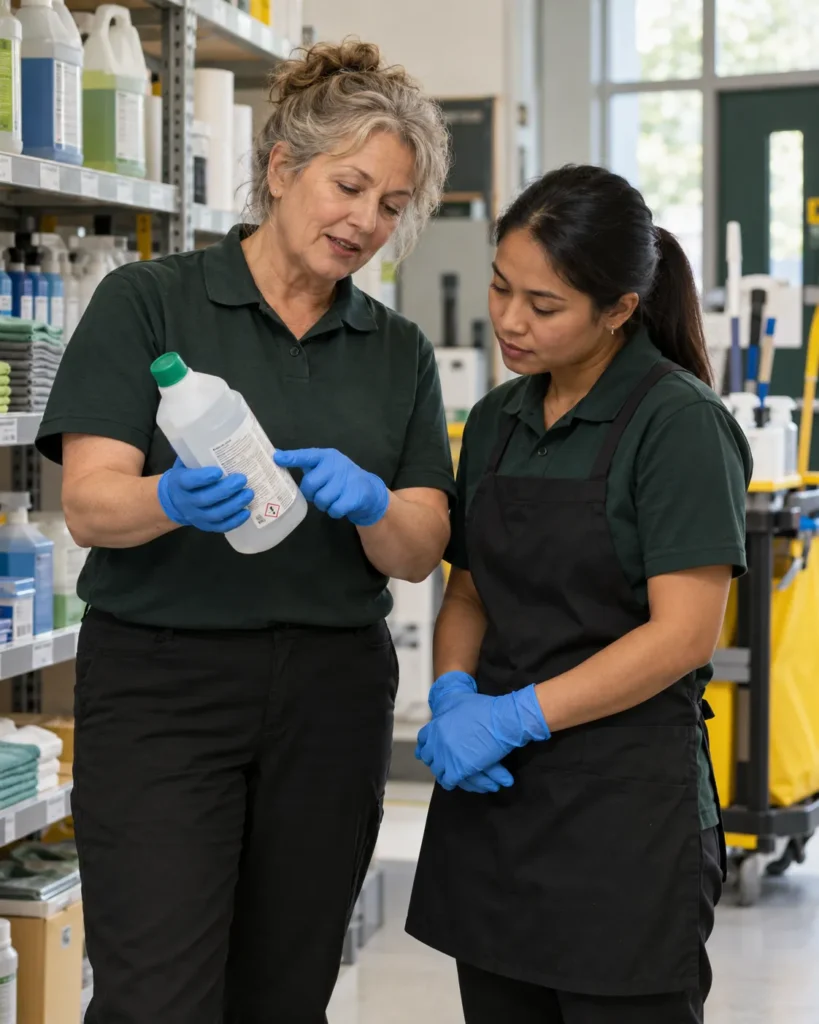 An instructor reviewing a cleaning product label with a trainee