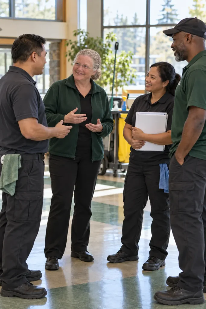 An instructor talking with a group of cleaning staff