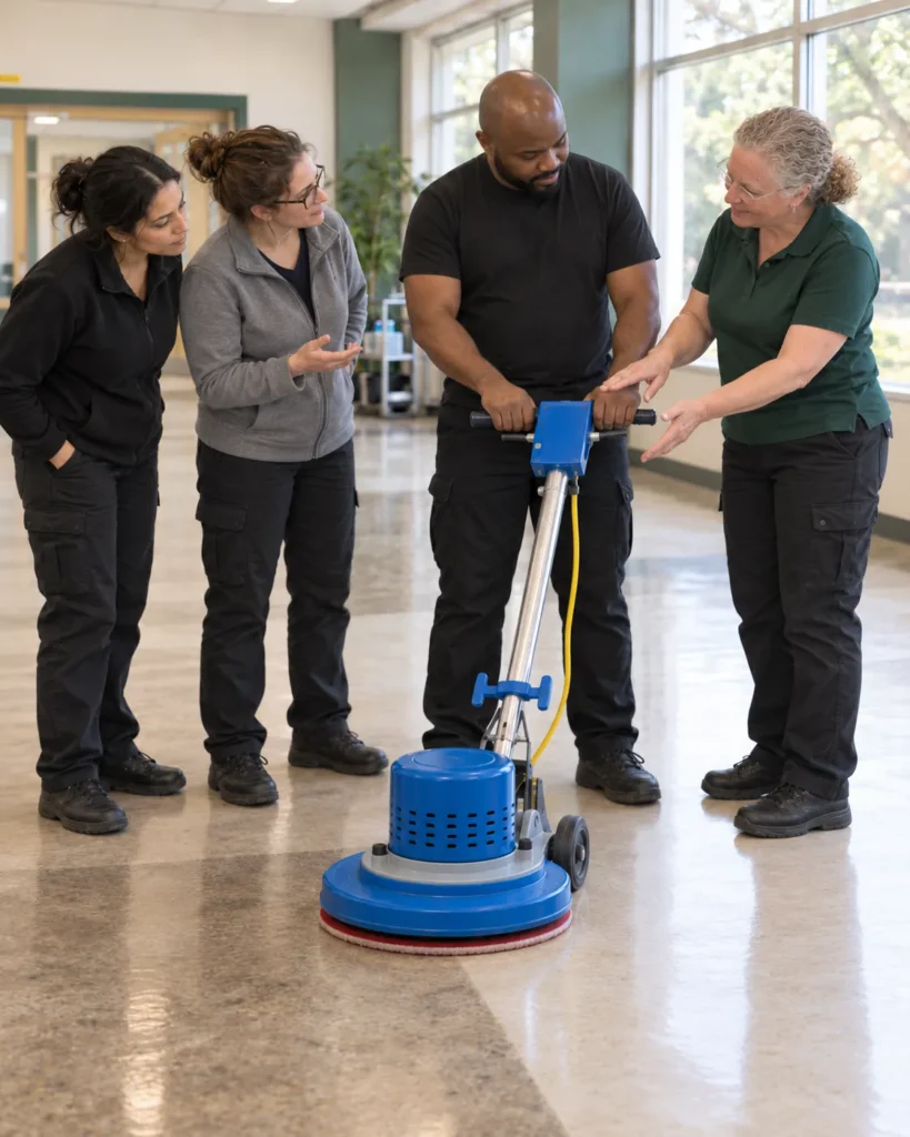 A group practising with a floor machine during a training session