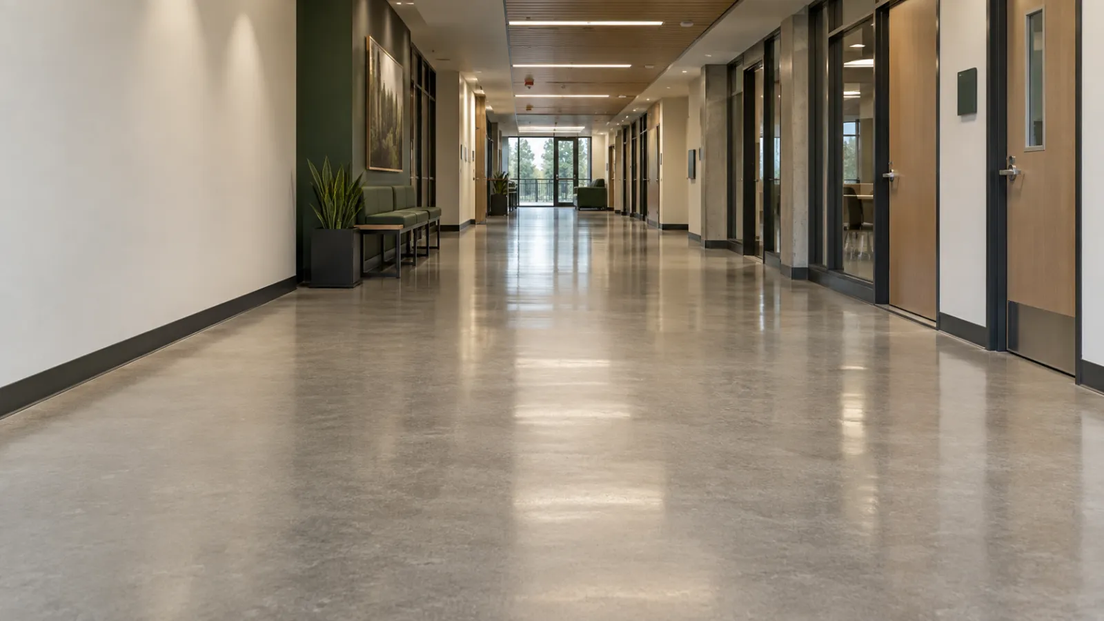 A clean, polished hallway floor after professional cleaning
